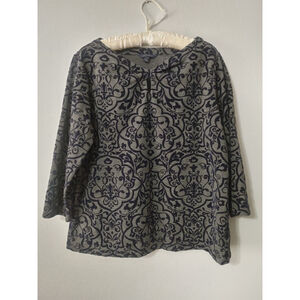 Women's Lands' End Gray Navy Flocked Velvet Damask Tunic Keyhole Neck Top XLP